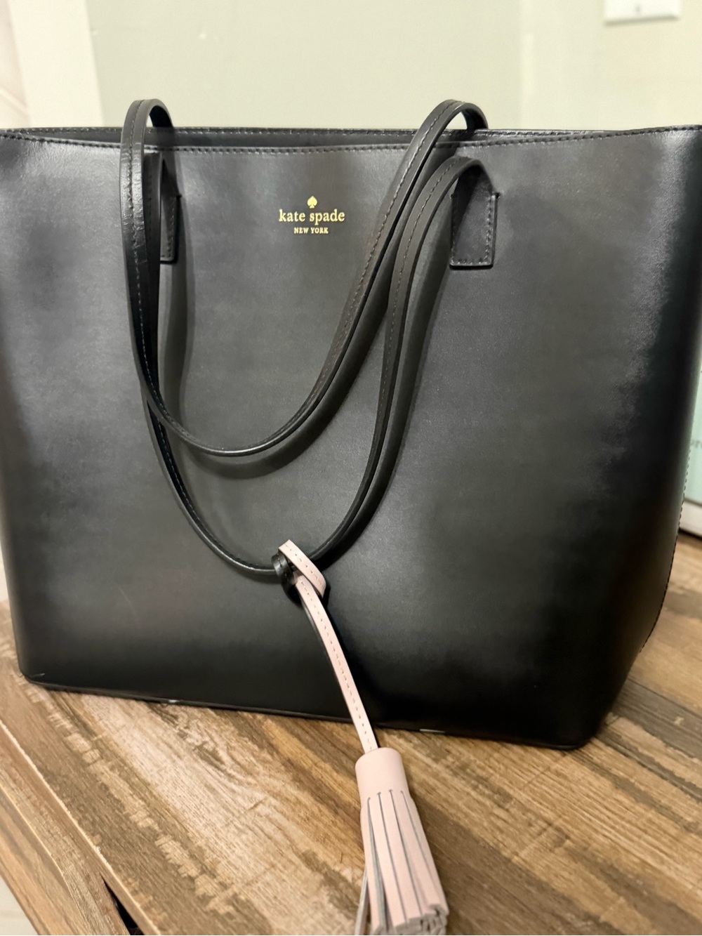 kate spade Black Leather Tote with Blush Tassel